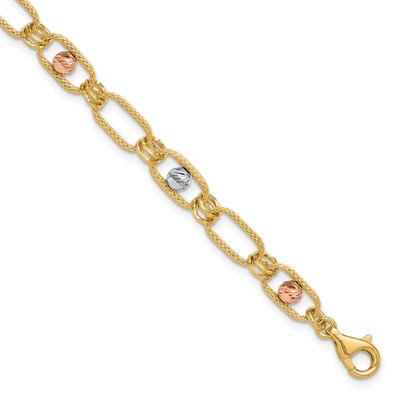 Tri-Color Polished/Textured/Diamond-Cut Fancy Link Bracelet 14k Gold LF1971-7 196904331446