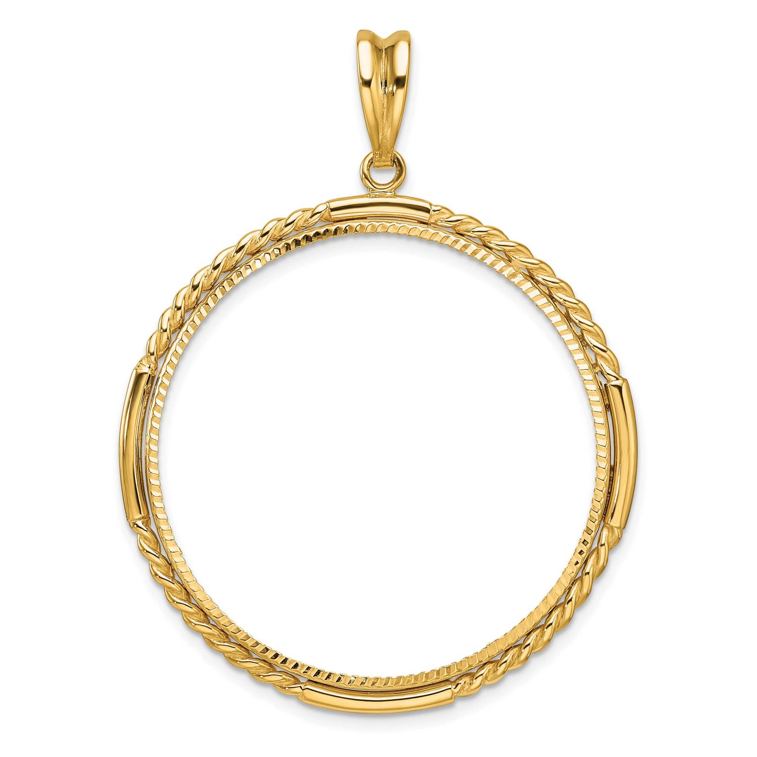 Quadruple Twist and Diamond-Cut 34.2mm Prong Coin Bezel Pendant 14k Gold Polished C1013D/34.2