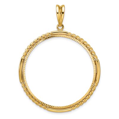 Quadruple Twist and Diamond-Cut 34.2mm Prong Coin Bezel Pendant 14k Gold Polished C1013D/34.2