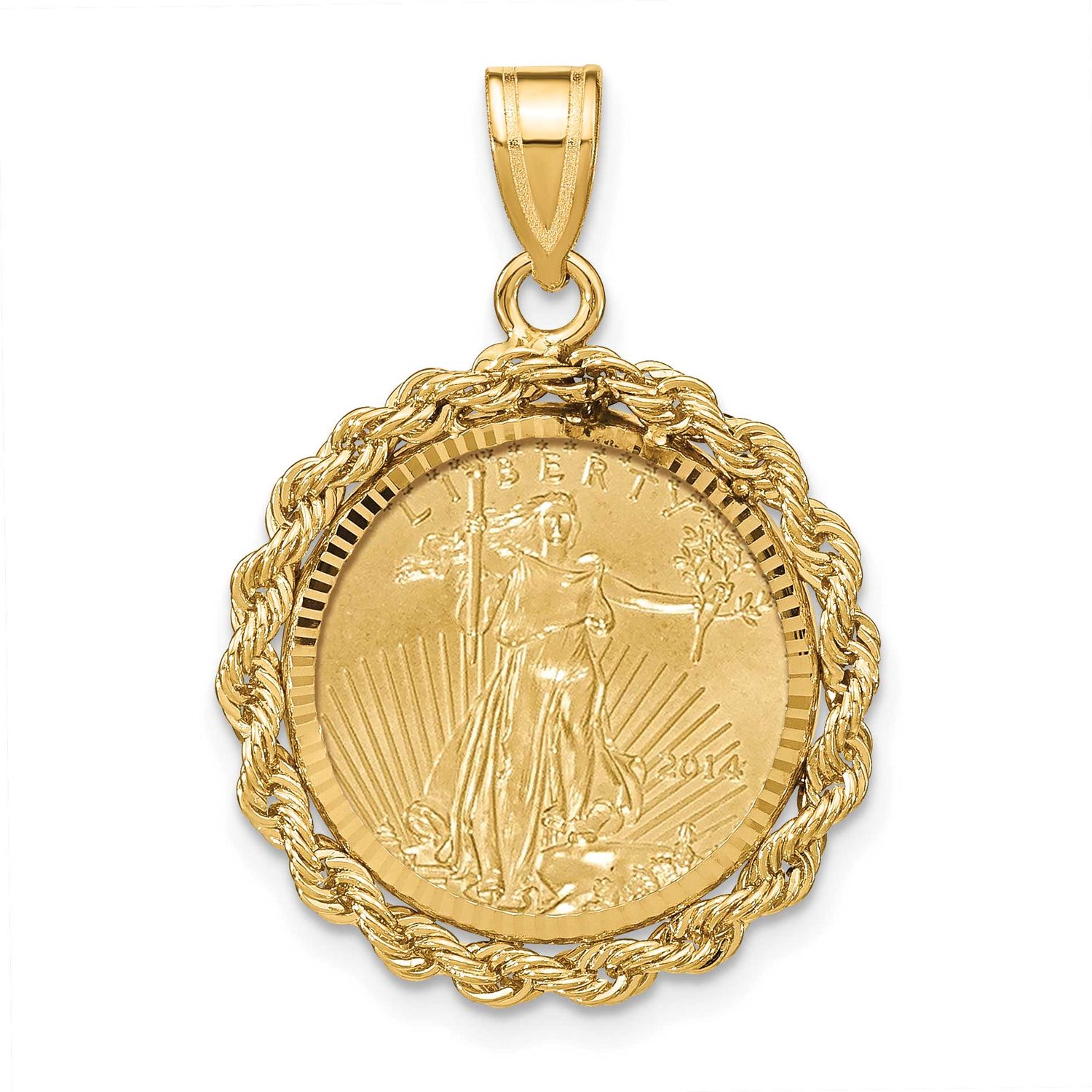 Diamond-Cut Rope Prong Mounted 1/10Oz American Eagle Coin Bezel Pendant 14k Gold C8178/16.5C