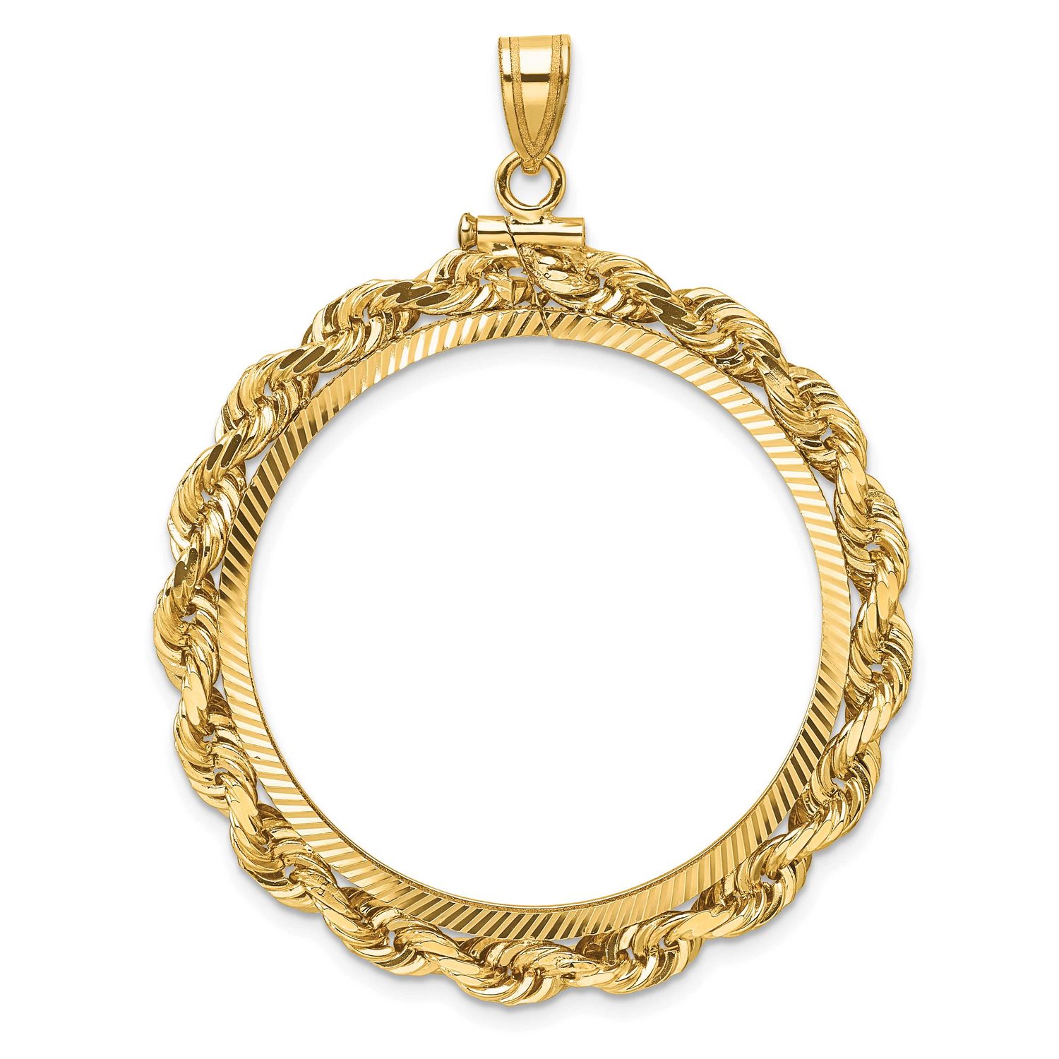 Rope and Diamond-Cut 32.0mm x 2.85mm Screw Top Coin Bezel Pendant 14k Gold Polished C3275D/32.0