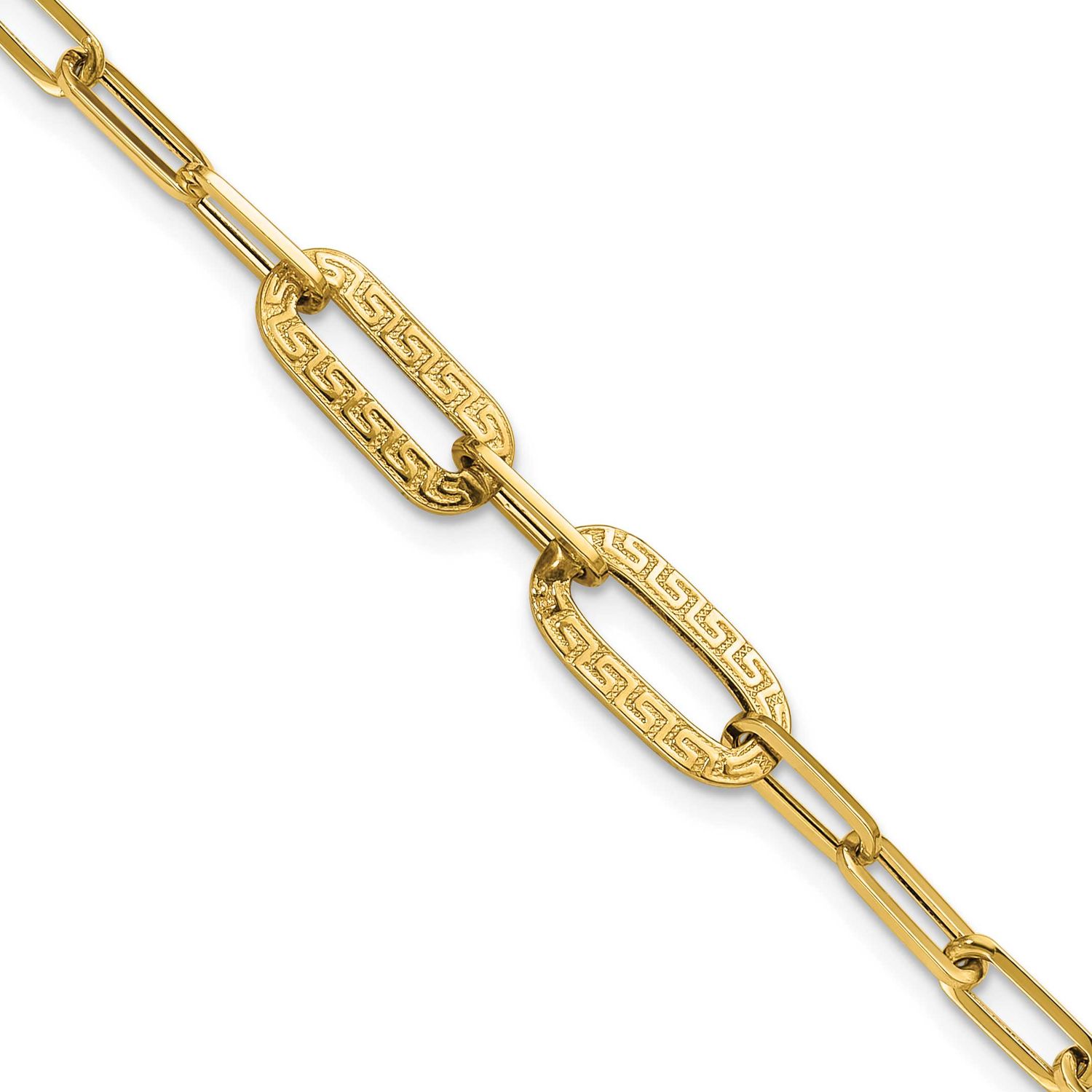 Textured Greek Key Paperclip Link Bracelet 14k Gold Polished LF2227-7.5 196904317020