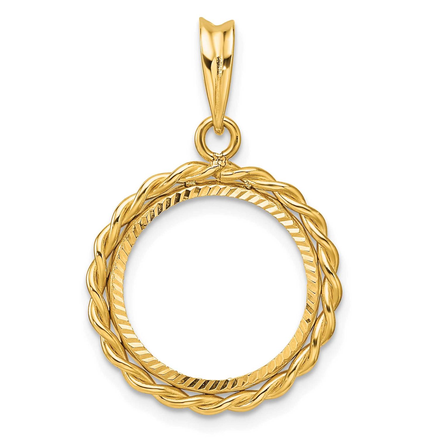 Diamond-Cut with Twisted Wire 15.0mm Prong Coin Bezel Pendant 14k Gold C1802D/15.0