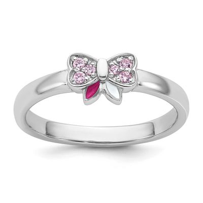 Children&#39;s Size 3 Pink CZ with Pink and White Enamel Bow Ring Sterling Silver Rhodium-plated QR7654…