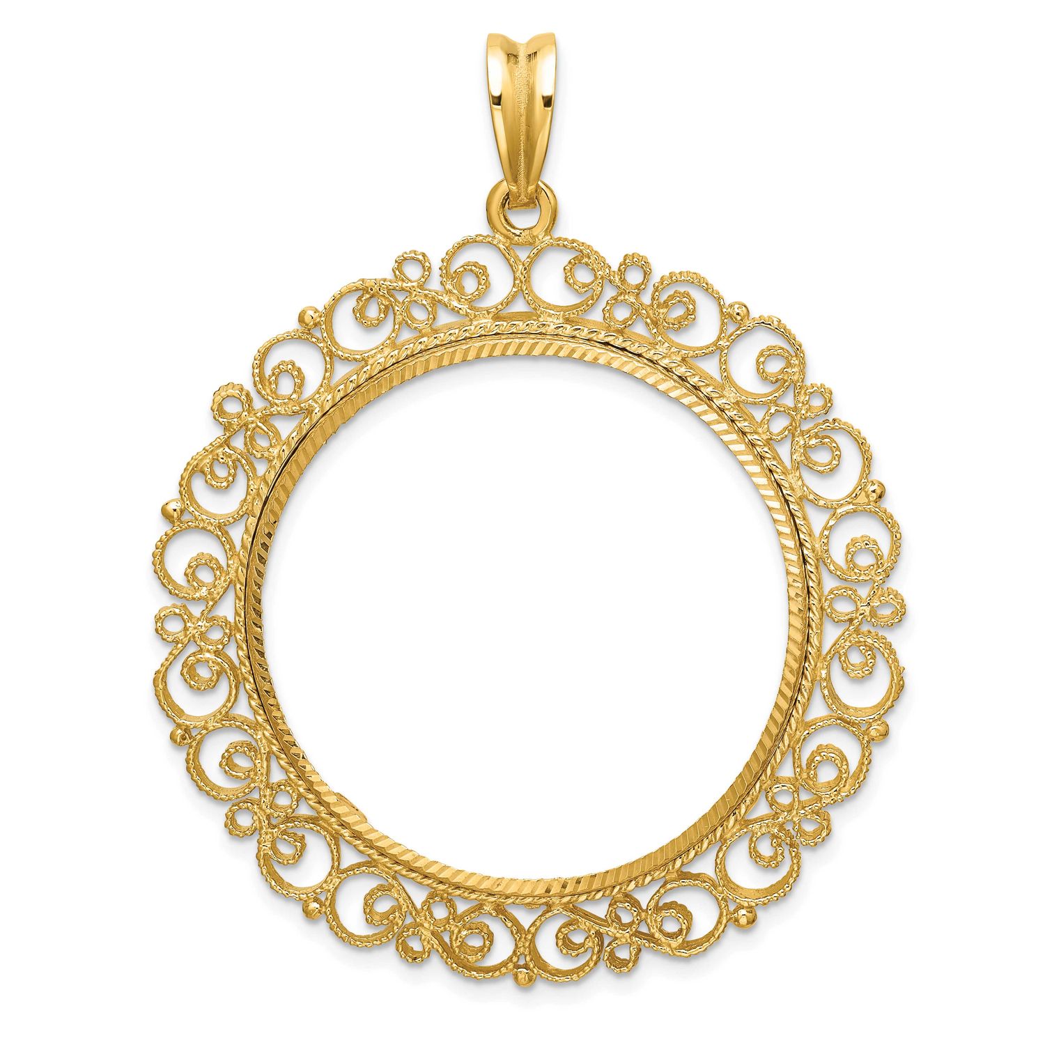 Textured and Diamond-Cut Victorian 32.7mm Prong Coin Bezel Pendant 14k Gold Polished C2819D/32.7