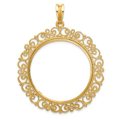 Textured and Diamond-Cut Victorian 32.7mm Prong Coin Bezel Pendant 14k Gold Polished C2819D/32.7