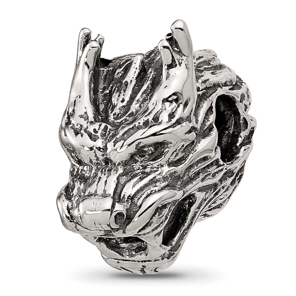 Dragon Head Bead Sterling Silver Textured QRS4531 196904279427