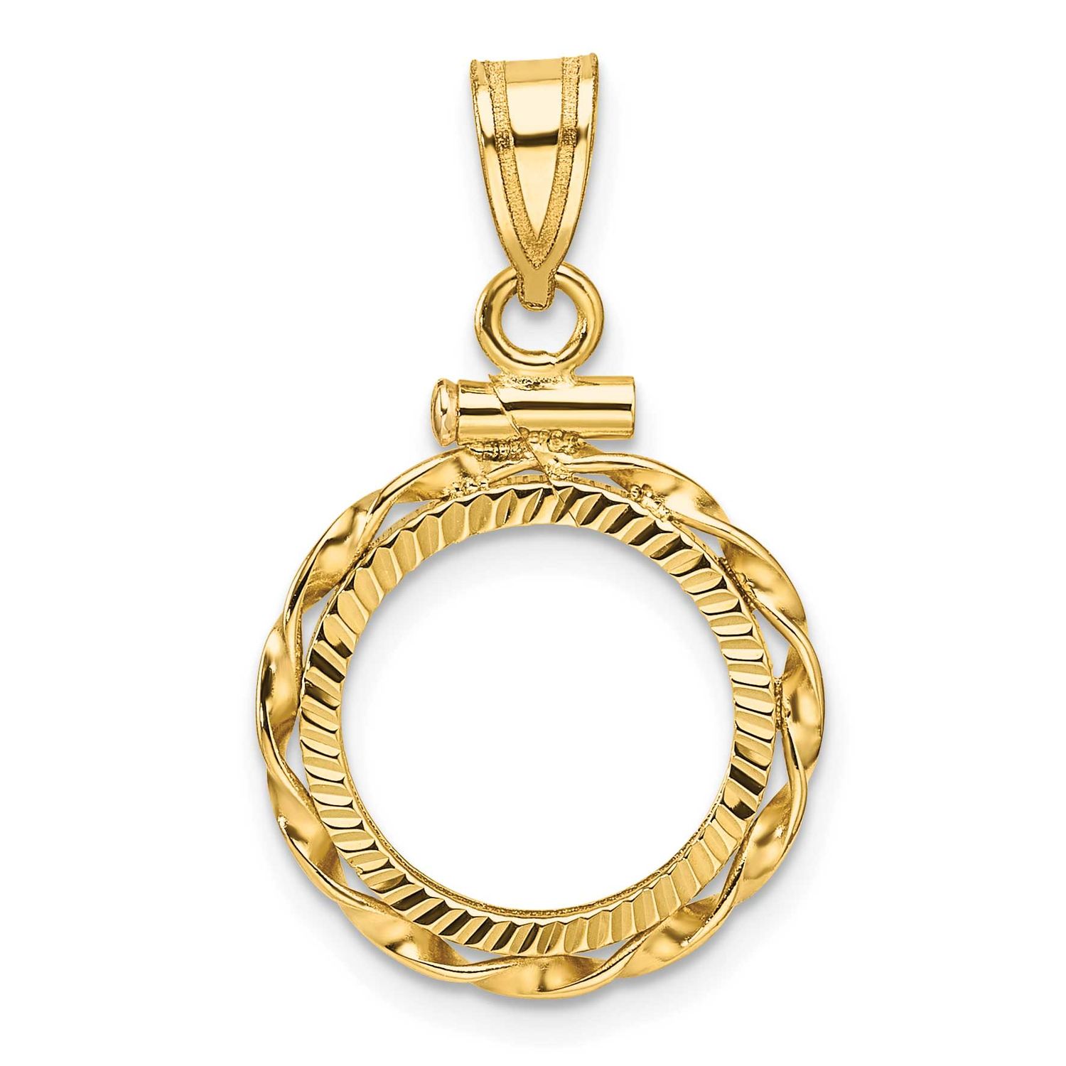 Hand Twisted Ribbon and Diamond-Cut 13.0mm x 1.1mm Screw Top Coin Bezel Pendant 14k Gold Polished C…