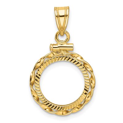 Hand Twisted Ribbon and Diamond-Cut 13.0mm x 1.1mm Screw Top Coin Bezel Pendant 14k Gold Polished C…