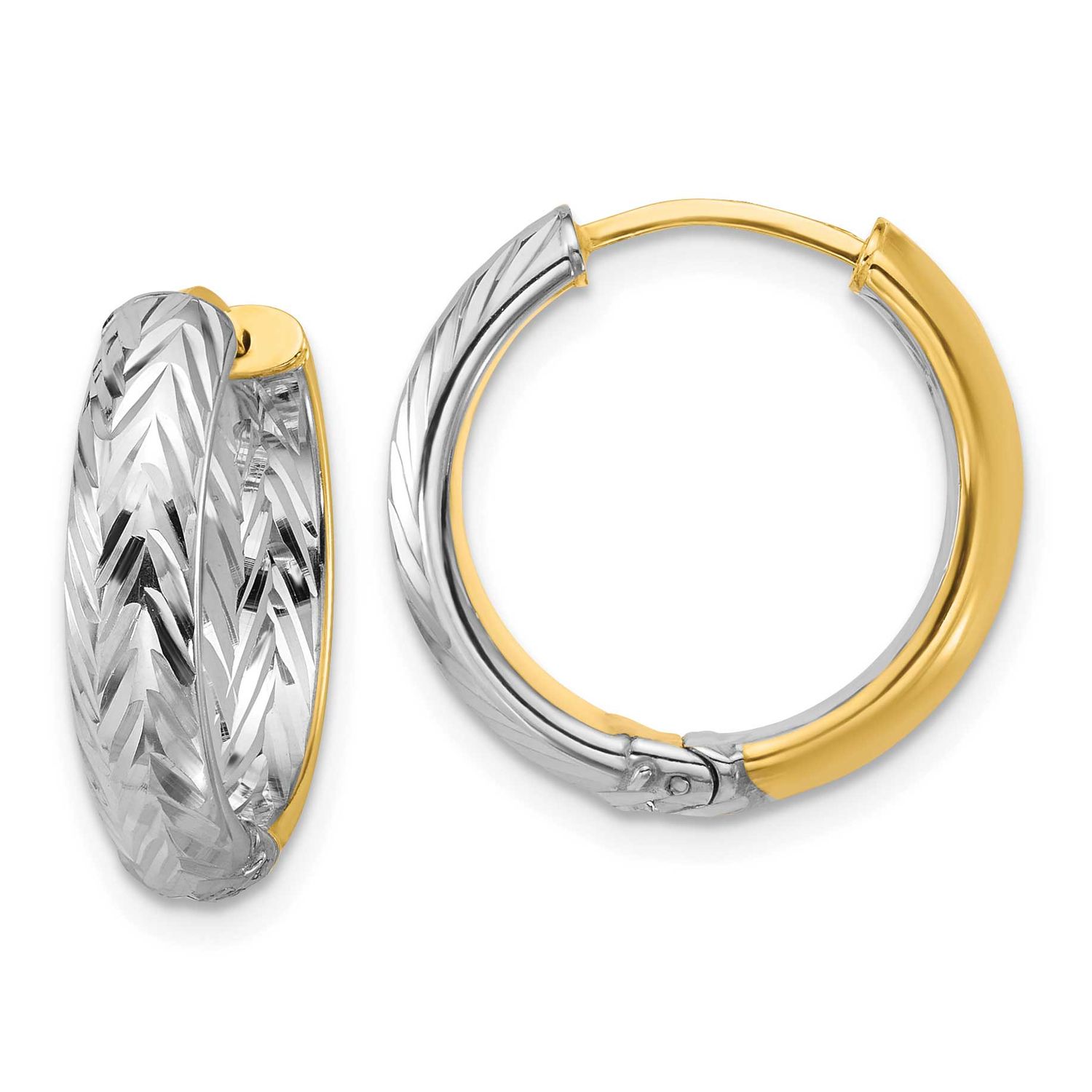 Polished/Diamond-Cut Hinged Hoop Earrings 14k Gold with Rhodium LE2844TT