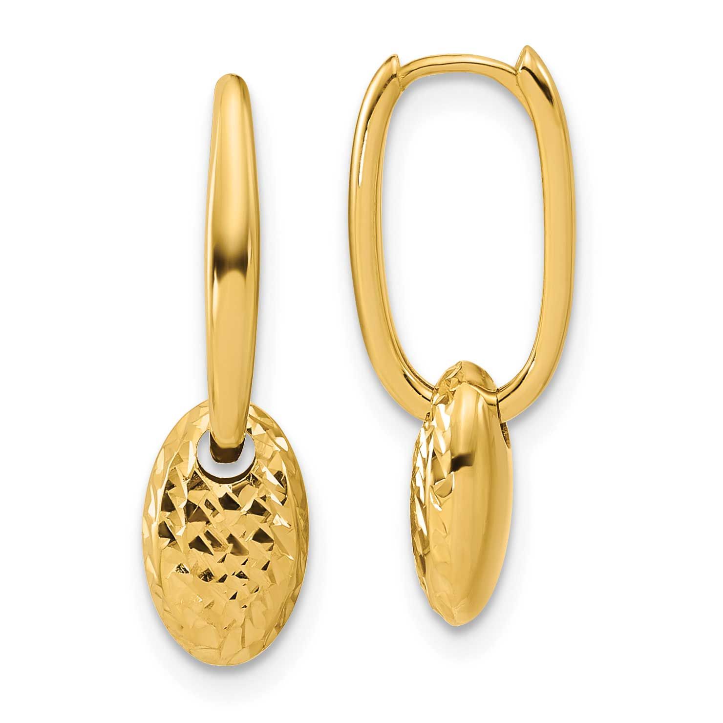 Diamond-Cut Oval with Bead Hinged Hoop Earrings 14k Gold Polished LE2893