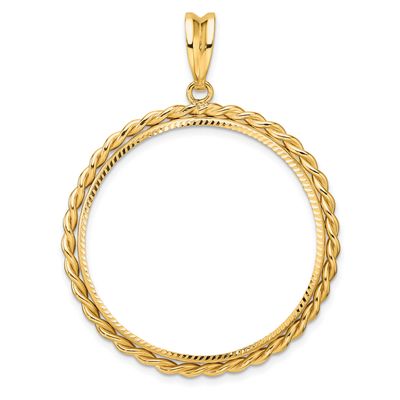 Diamond-Cut with Twisted Wire 32.7mm Prong Coin Bezel Pendant 14k Gold C1802D/32.7