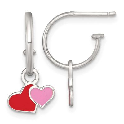 Enameled Hearts Children&#39;s Post C-Hoop Dangle Earrings Sterling Silver QE18248