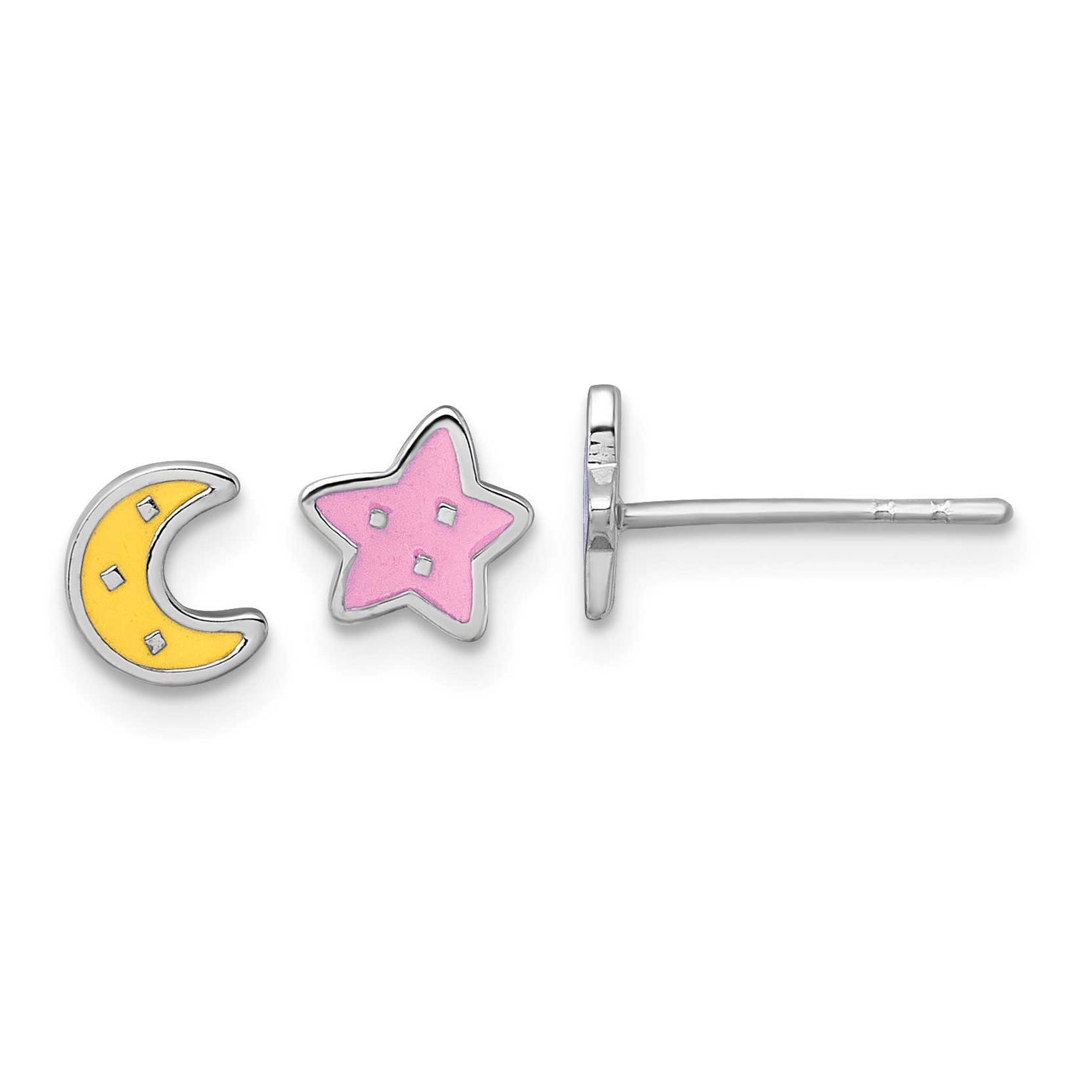 Enamel Moon Star Mismatched Children&#39;s Post Earrings Sterling Silver Rhodium-plated QE18281