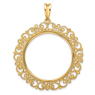 Textured and Diamond-Cut Victorian 30.0mm Prong Coin Bezel Pendant 14k Gold Polished C2819D/30.0