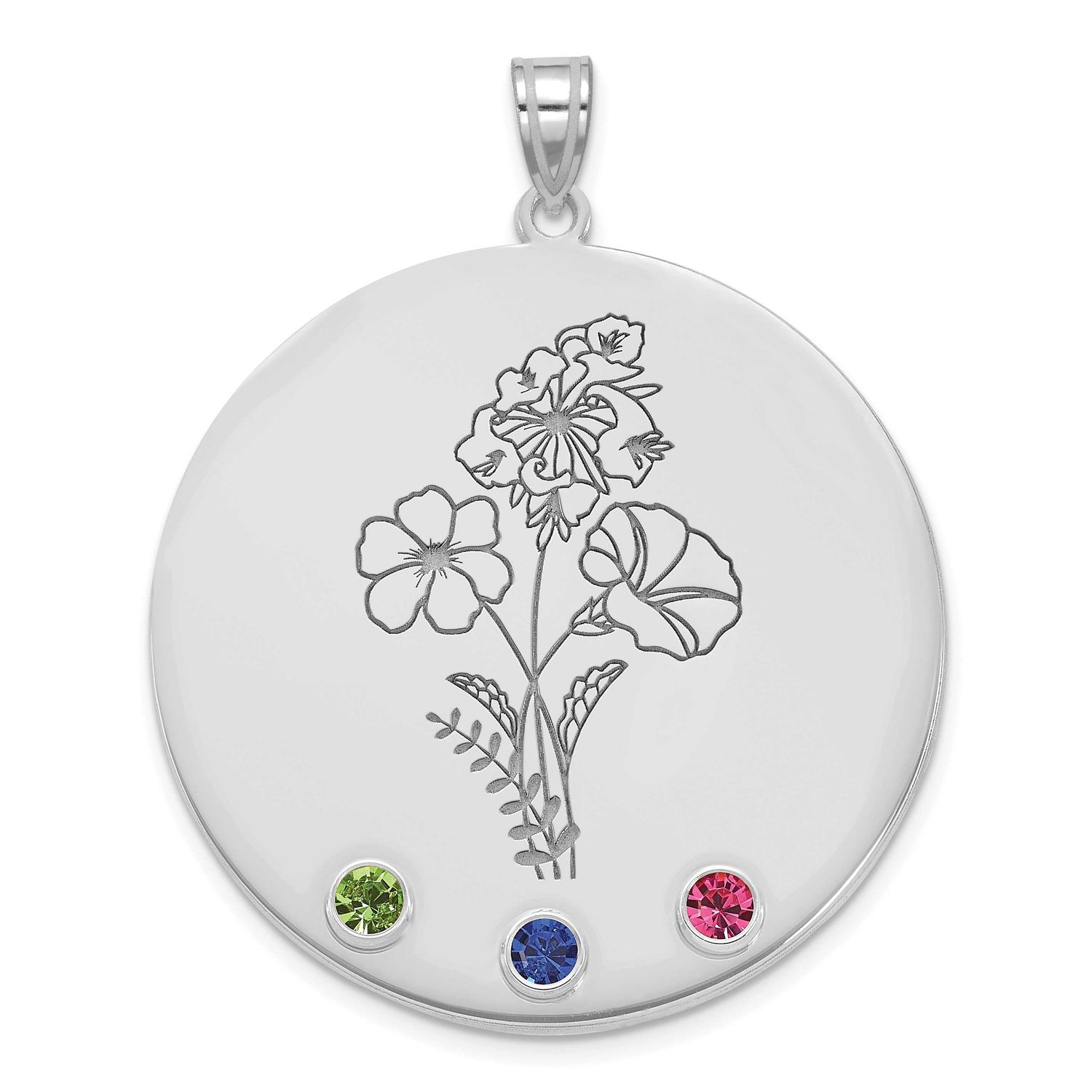 Circle with 3 Birth Flower and Birthstone Pendant Sterling Silver Rhodium-plated XNA1521/3SS