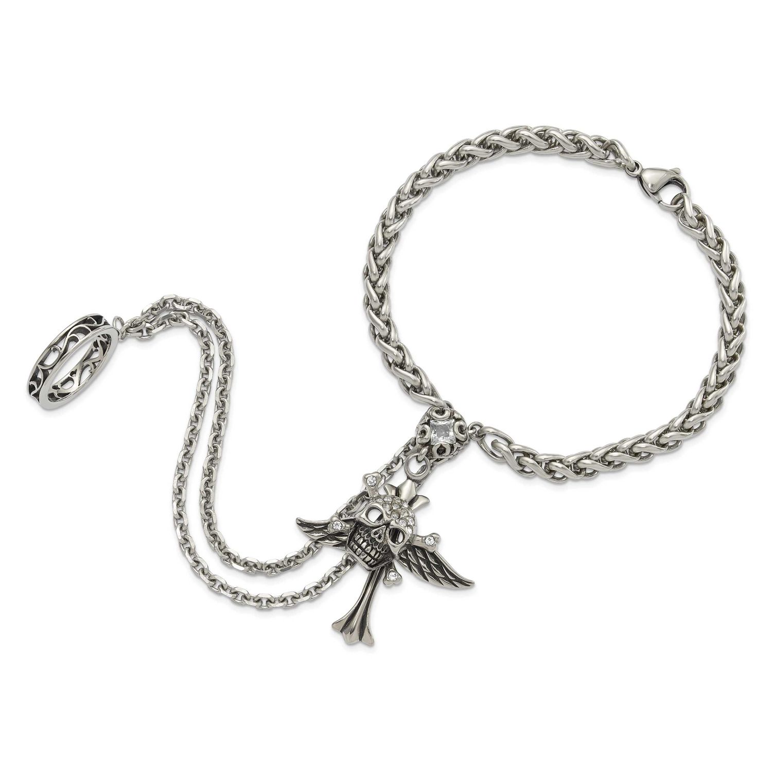 Antiqued &amp; Polished Winged Skull Cross Crystal Connect Bracelet &amp; Ring Stainless Steel SRB1697-8 88…