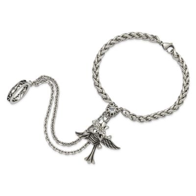 Antiqued &amp; Polished Winged Skull Cross Crystal Connect Bracelet &amp; Ring Stainless Steel SRB1697-8 88…