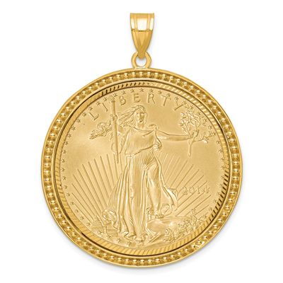 Beaded &amp; Diamond-Cut Prong Mounted 1Oz American Eagle Coin Bezel Pendant 14k Gold C8197/32.7C