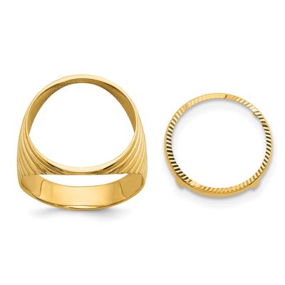 Men&#39;s Polished and Diamond-Cut Ribbed Edge 16.5mm Coin Bezel Ring 10k Gold 10CR12D/10AE