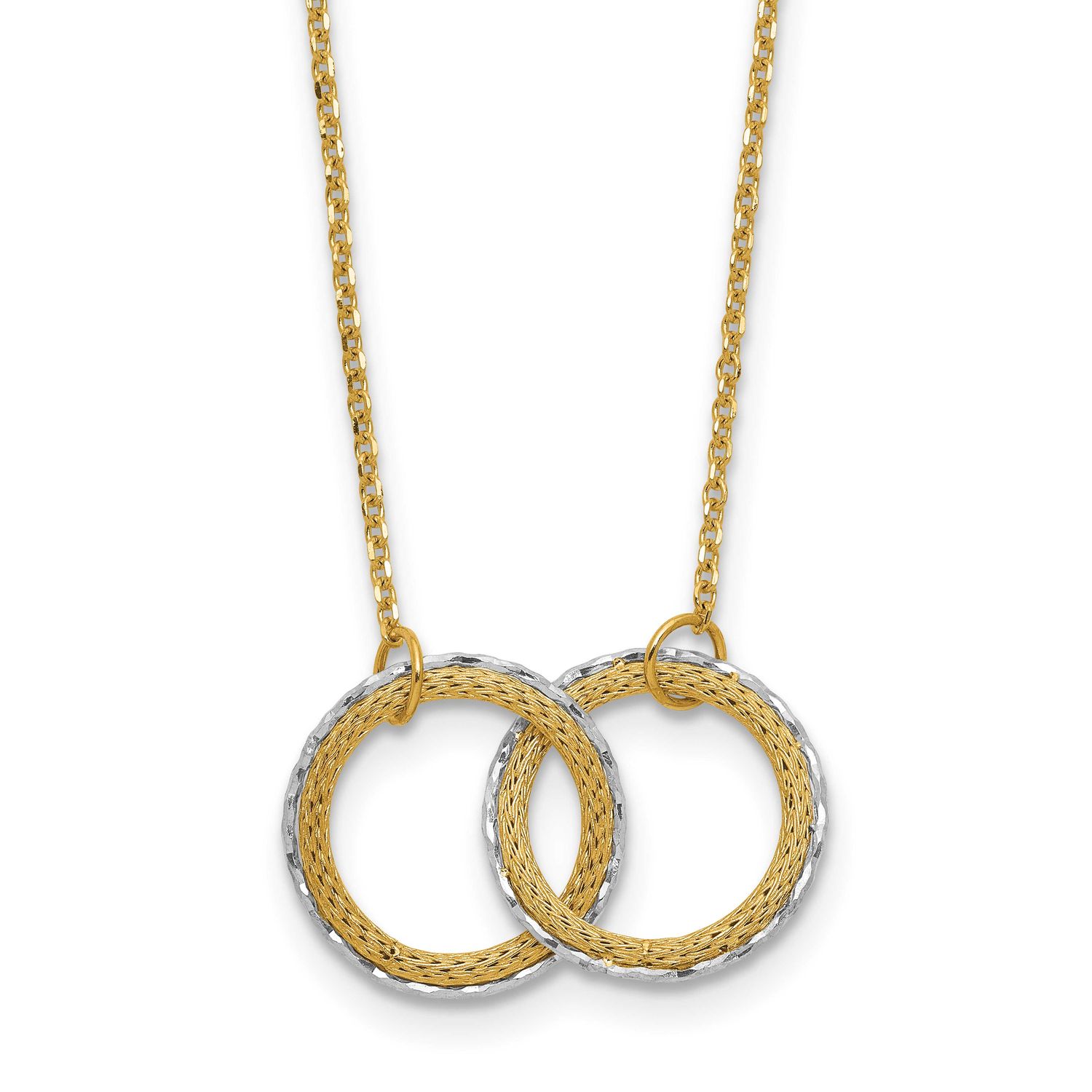 Diamond-Cut Circles with 2 Inch Extender Necklace 14k Two-tone Gold Textured Polished LF2212-16