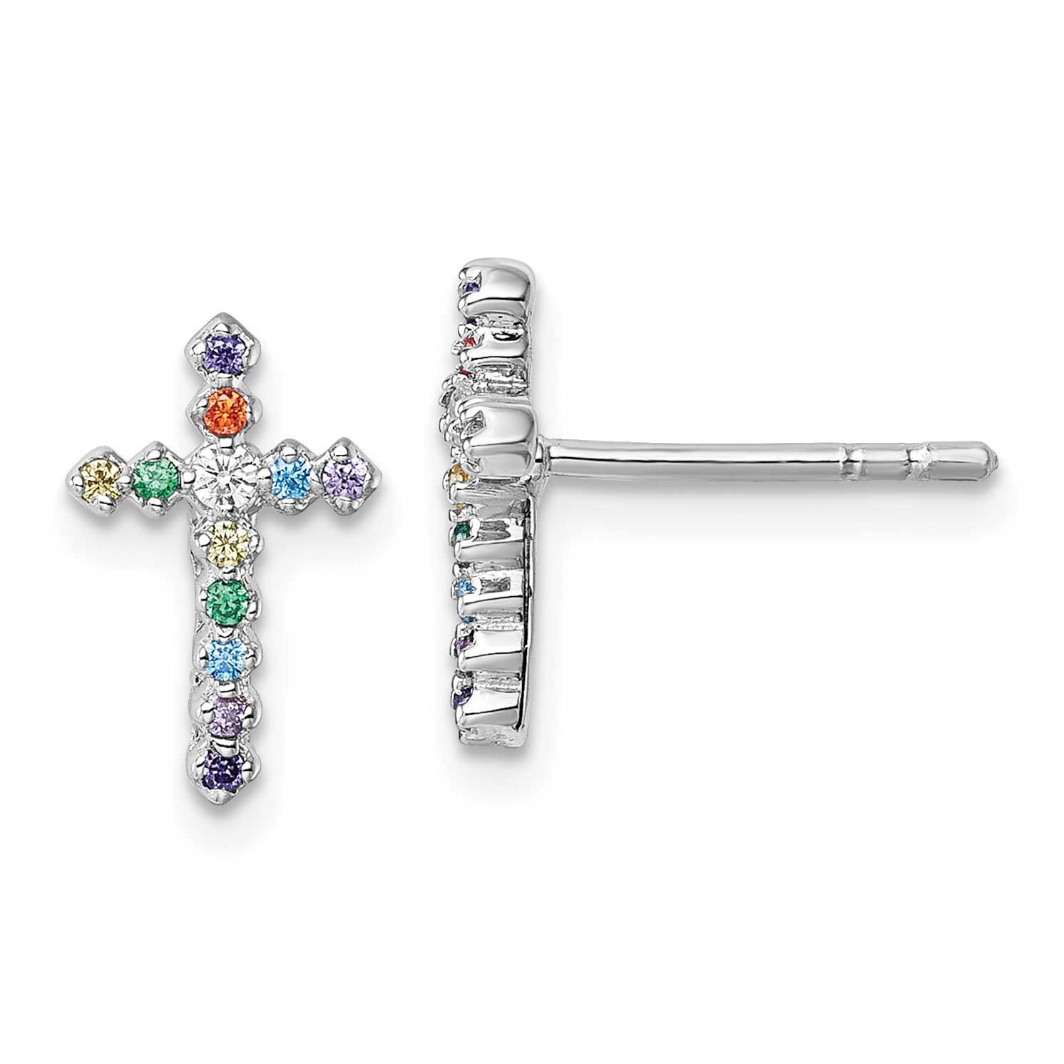 Children&#39;s CZ Cross Post Earrings Sterling Silver Rhodium-plated QE18256