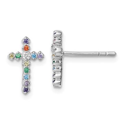 Children&#39;s CZ Cross Post Earrings Sterling Silver Rhodium-plated QE18256