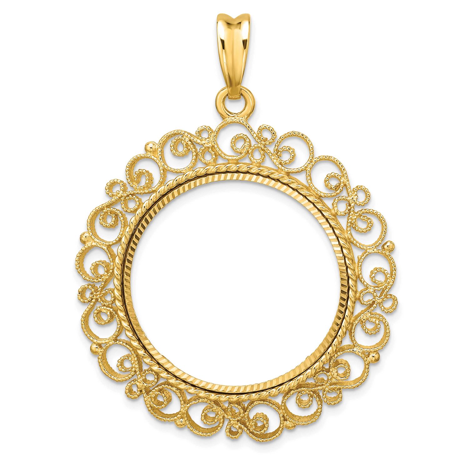 Textured and Diamond-Cut Victorian 27.0mm Prong Coin Bezel Pendant 14k Gold Polished C2819D/27.0