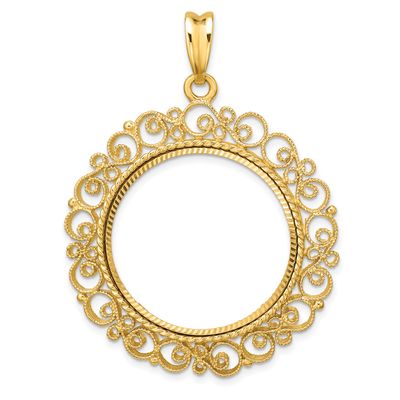 Textured and Diamond-Cut Victorian 27.0mm Prong Coin Bezel Pendant 14k Gold Polished C2819D/27.0