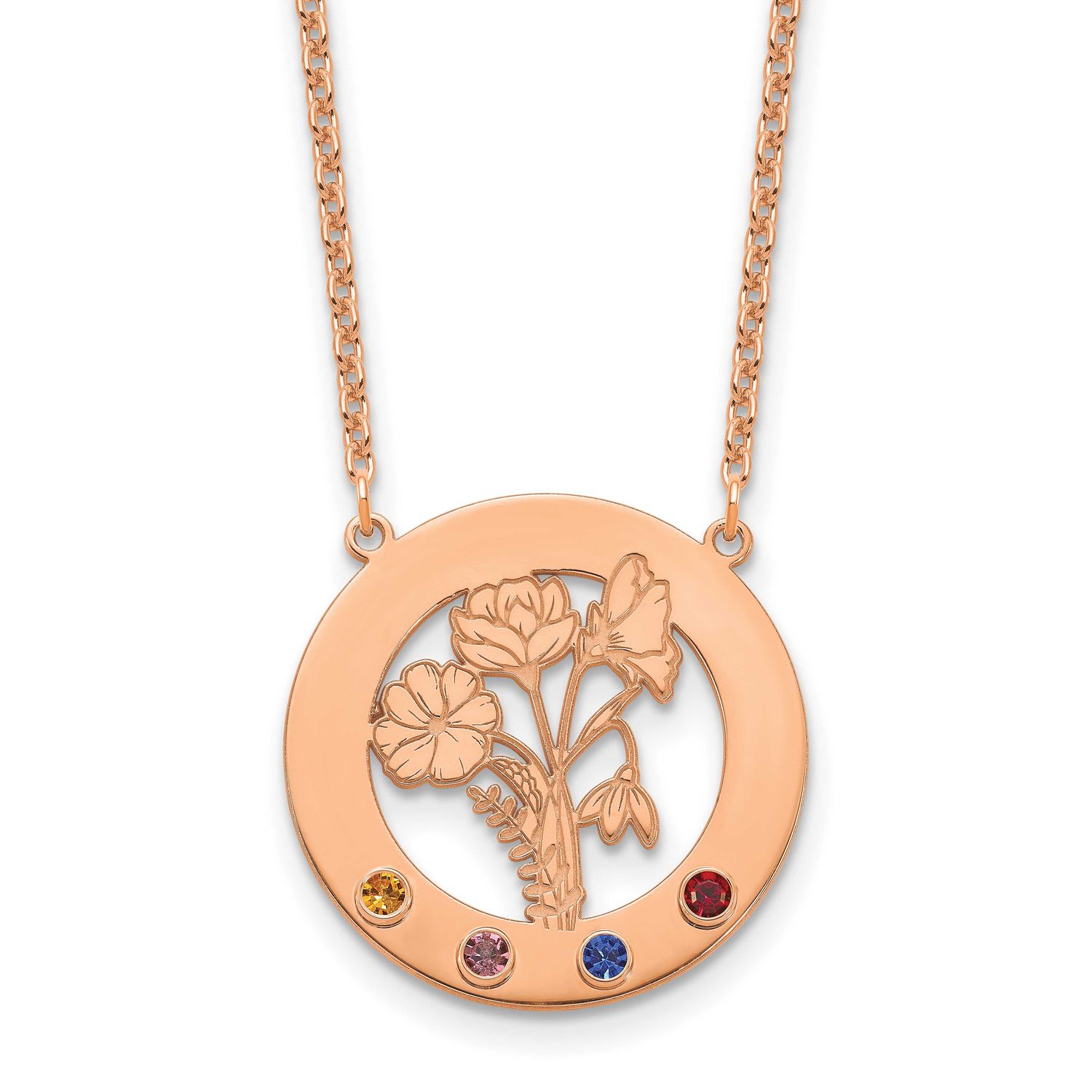 Circle with 4 Birth Flower and Birthstone Necklace Sterling Silver Rose-plated XNA1487/4RP