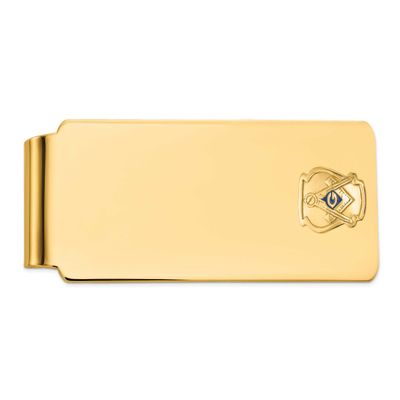 Men&#39;s Polished and Textured with Blue Enamel Masonic Large Money Clip 14k Gold B57643-MCC