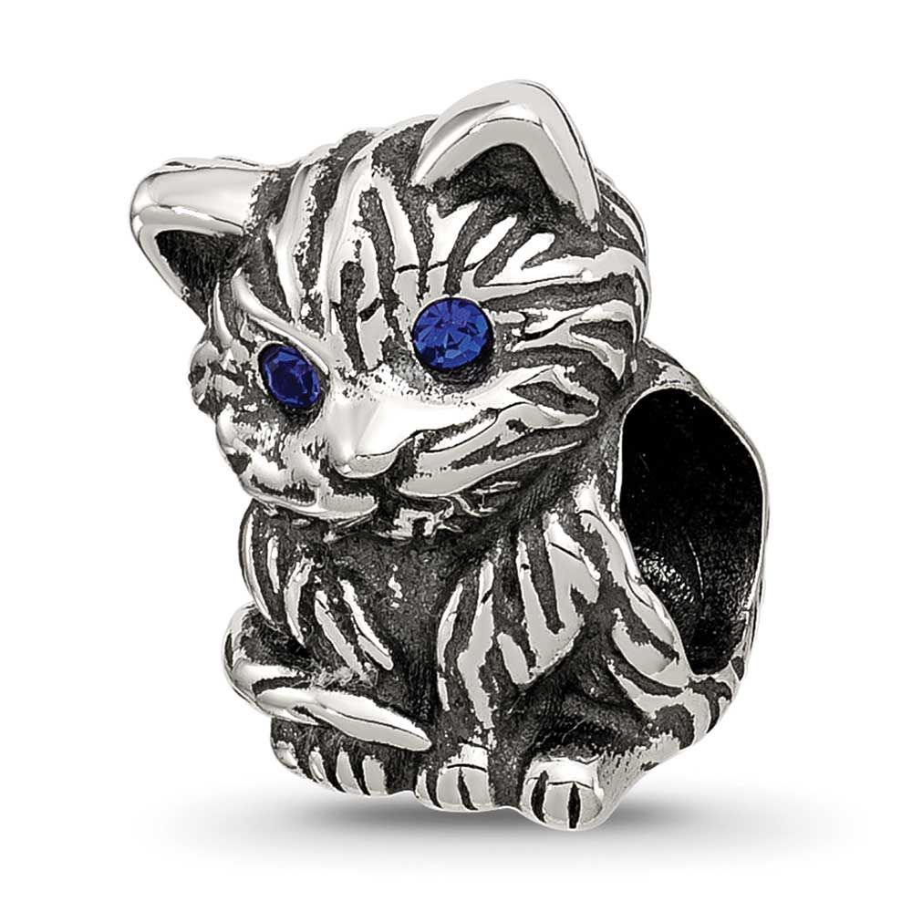 Antiqued Cat with Blue Crystals Bead Sterling Silver QRS4521 196904278895