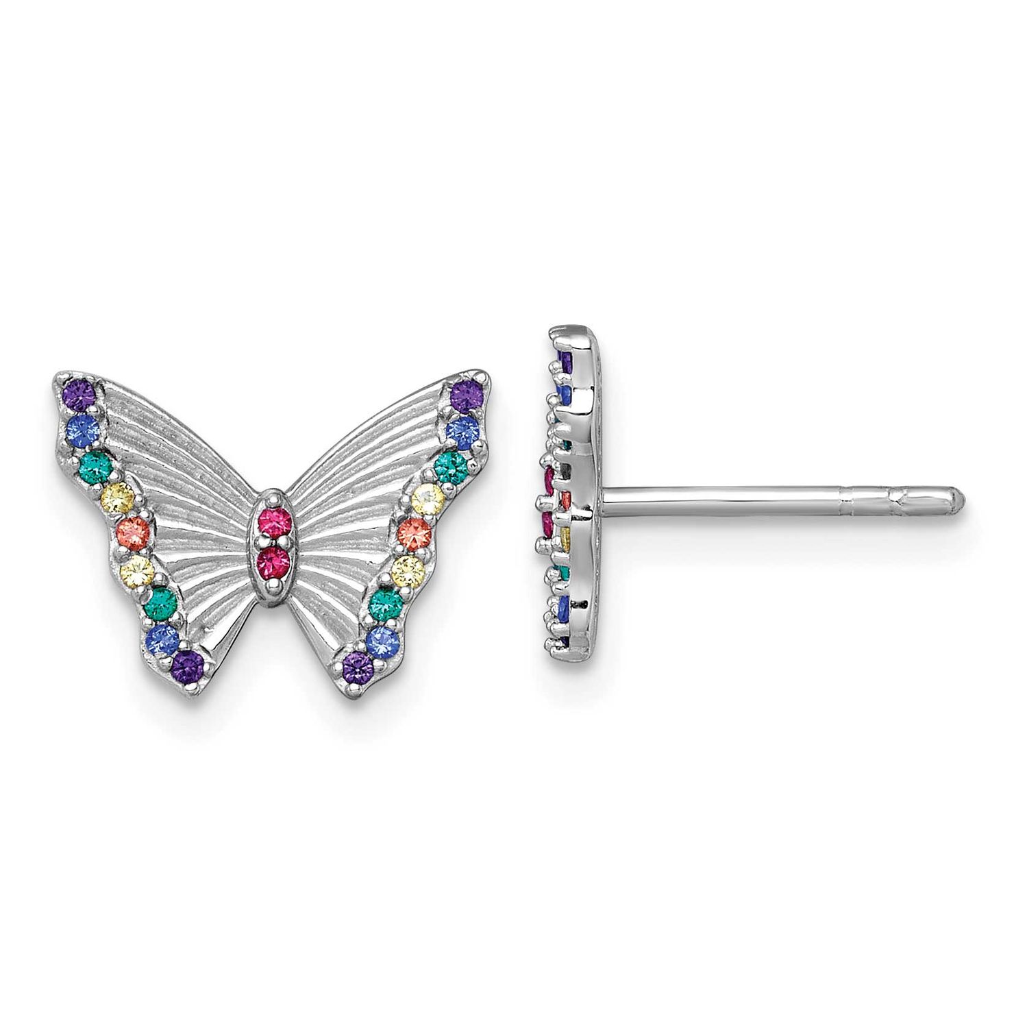 Color Nano Crystals Butterfly Children Post Earrings Sterling Silver Rhodium-plated QE18261