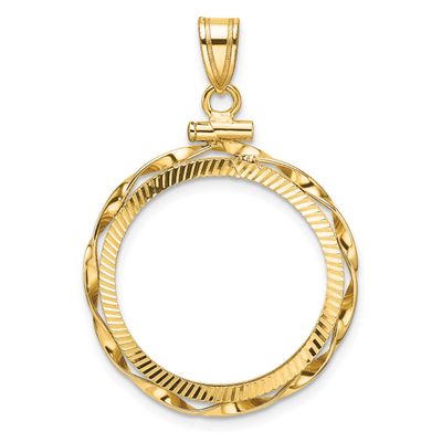 Hand Twisted Ribbon and Diamond-Cut 21.6mm x 1.7mm Screw Top Coin Bezel Pendant 14k Gold Polished C…