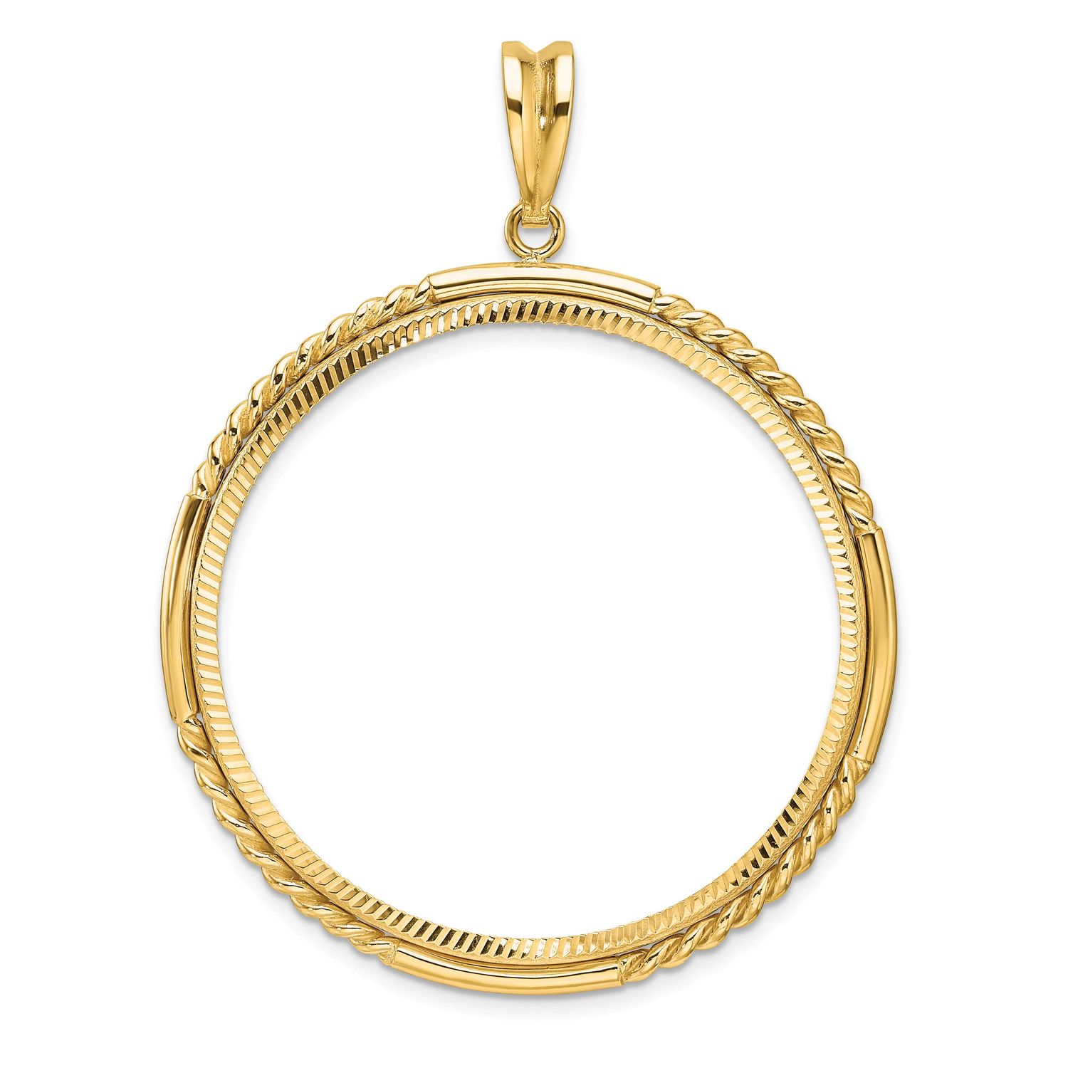 Quadruple Twist and Diamond-Cut 37.0mm Prong Coin Bezel Pendant 14k Gold Polished C1013D/37.0