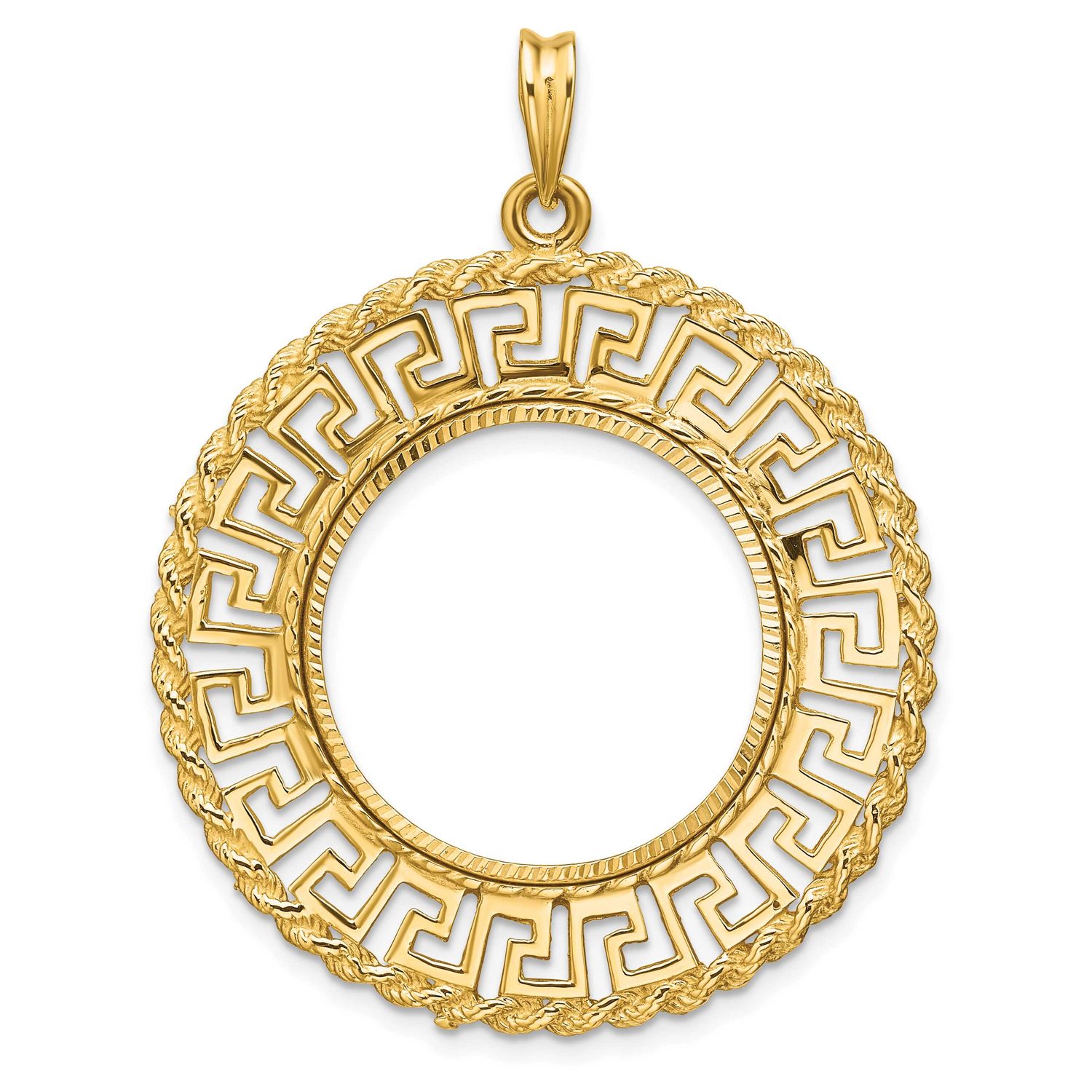 Diamond-Cut Greek Key with Rope Border 22.0mm Prong Coin Bezel Pendant 14k Gold Polished C3013D/22.0