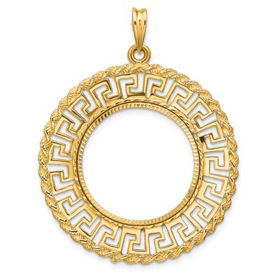Diamond-Cut Greek Key with Rope Border 22.0mm Prong Coin Bezel Pendant 14k Gold Polished C3013D/22.0