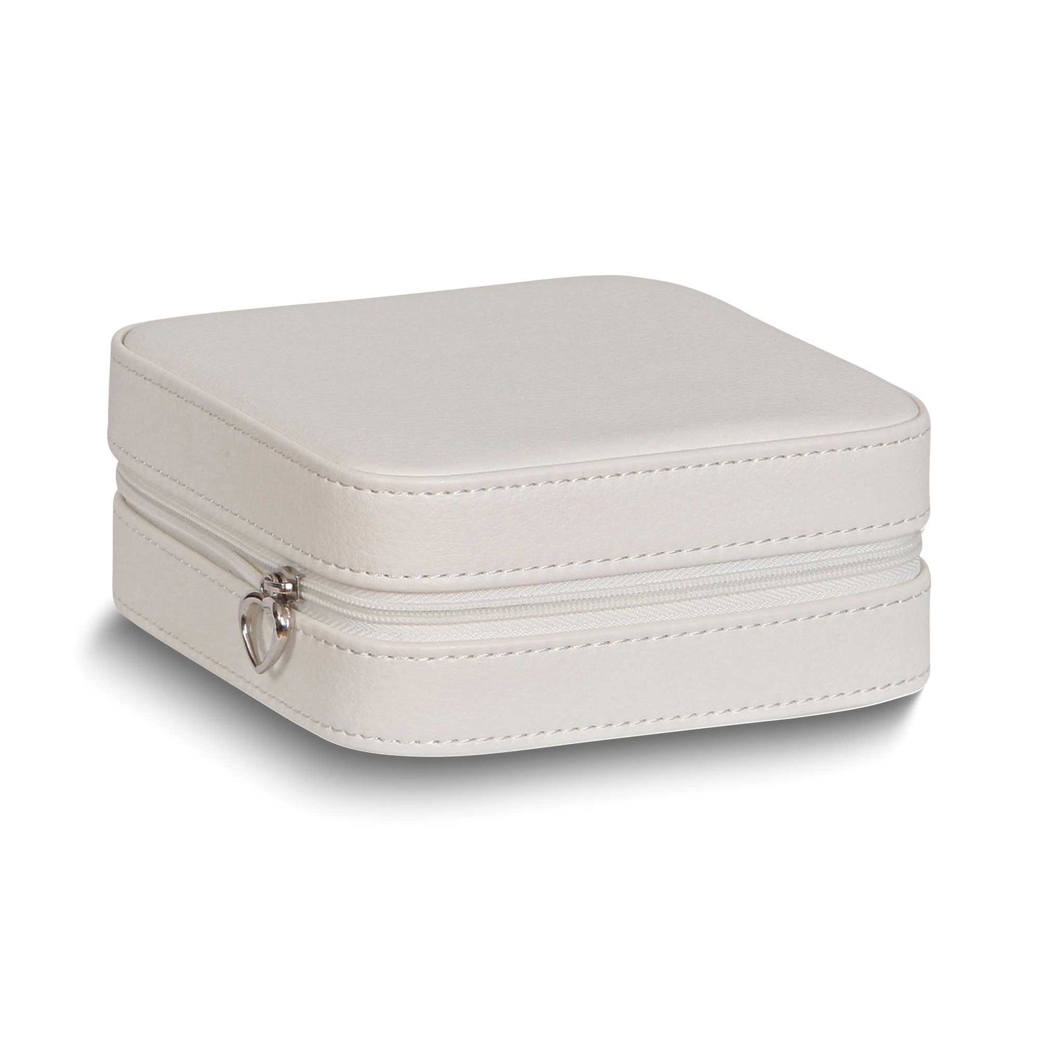 Ivory Vegan Leather Mirrored Divider Faux Suede Lined Zippered Jewelry Case with Removable Drawstri…