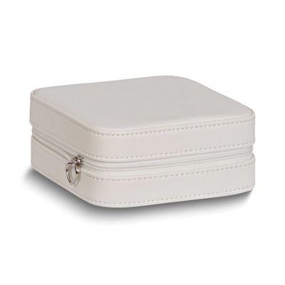 Ivory Vegan Leather Mirrored Divider Faux Suede Lined Zippered Jewelry Case with Removable Drawstri…