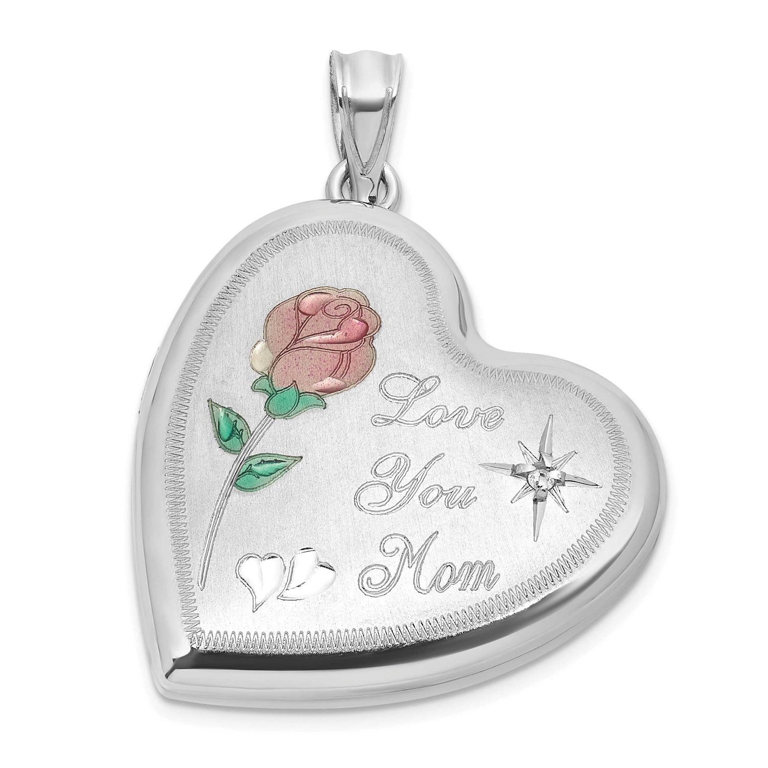 Brushed Diamond and Enameled Rose Mom 24mm Heart Locket Sterling Silver Rhodium-plated QLS1199
