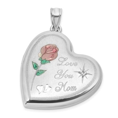 Brushed Diamond and Enameled Rose Mom 24mm Heart Locket Sterling Silver Rhodium-plated QLS1199