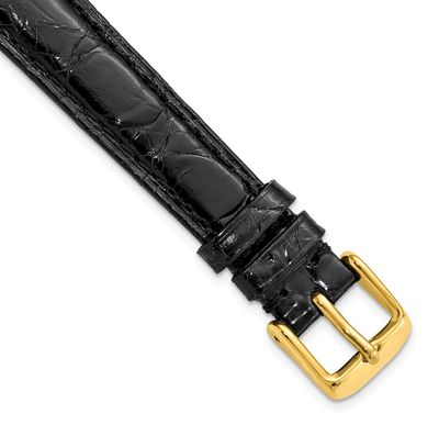 Debeer 10mm Long Black Genuine Caiman Leather with Gold-Tone Buckle 7.75 Inch Watch Band BA129L-10