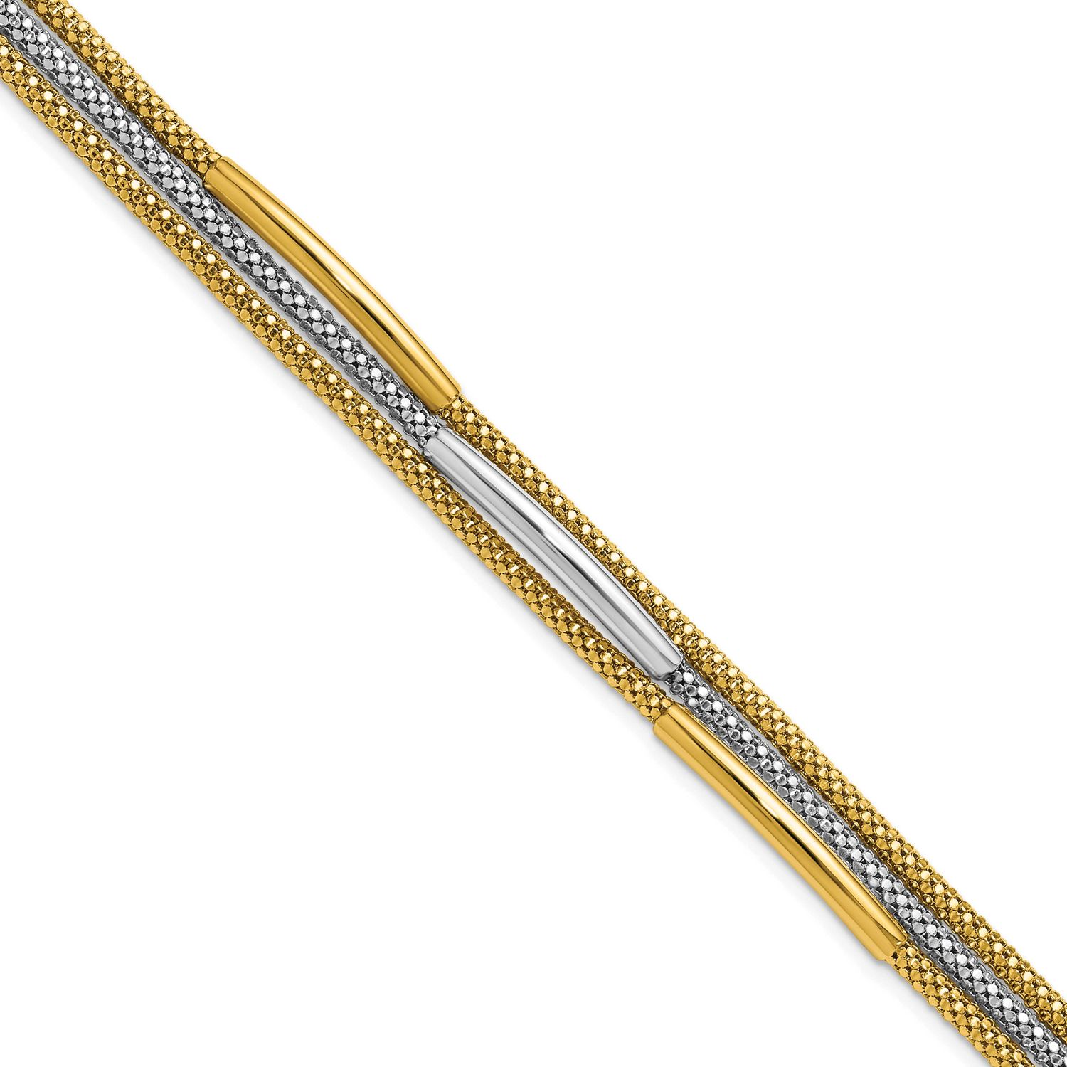 Polished Bars Mesh Multi-Strand Bracelet 14k Gold with Rhodium LF2118-7.25 196904315620