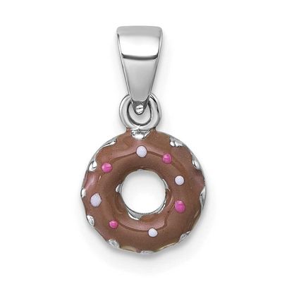 Children&#39;s Brown with Pink and White Enamel Sprinkled Donut Pendant Sterling Silver Rhodium-plated …