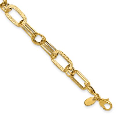 Fancy Greek Key Link Bracelet 14k Gold Polished and Textured LF2225-7.5 196904317044