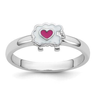 Children&#39;s Size 3 White and Pink Enamel Sheep with Heart Ring Sterling Silver Rhodium-plated QR7656…