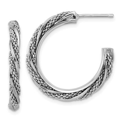 Polish/Textured Twisted J-Hoop Post Earrings Sterling Silver Rhodium-plated QLE1545