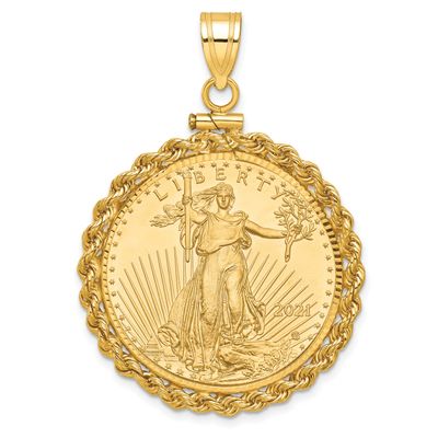 Diamond-Cut Rope Screw Top Mounted 1/2Oz American Eagle Coin Bezel Pendant 14k Gold C8179/27.0C
