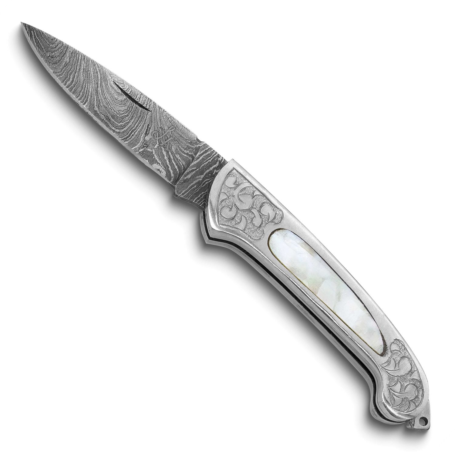 Luxury Giftware Damascus Steel 256 Layer Folding Blade Abalone Handle Knife with Leather Sheath and…