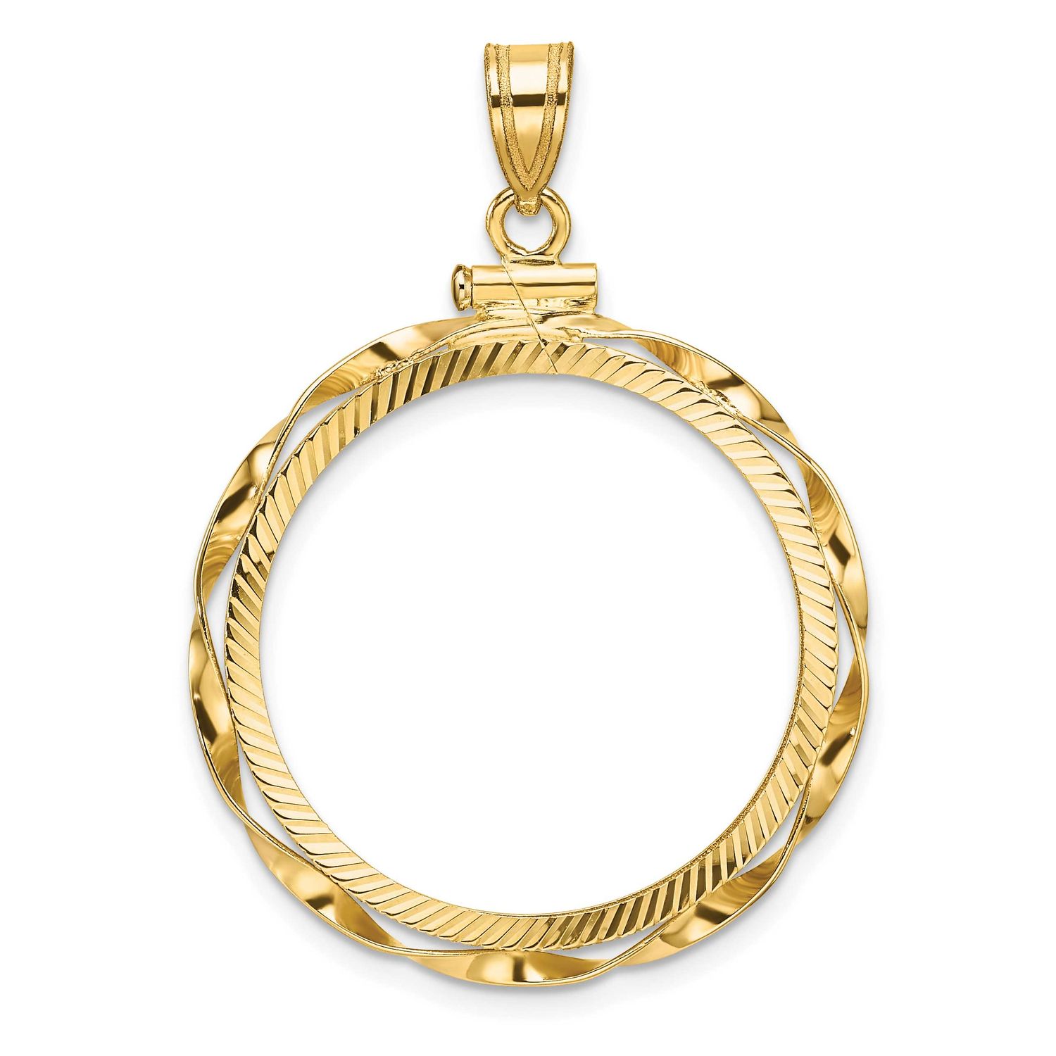 Hand Twisted Ribbon and Diamond-Cut 25.0mm x 2.35mm Screw Top Coin Bezel Pendant 14k Gold Polished …
